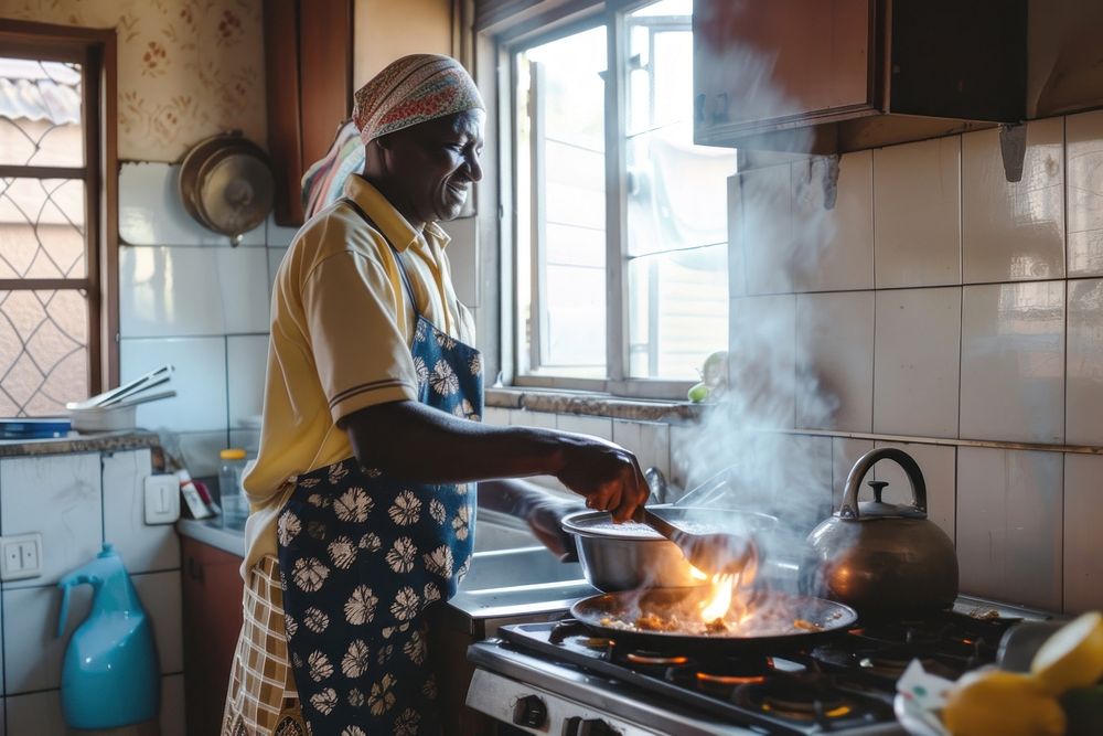 A African man cooking kitchen adult home.