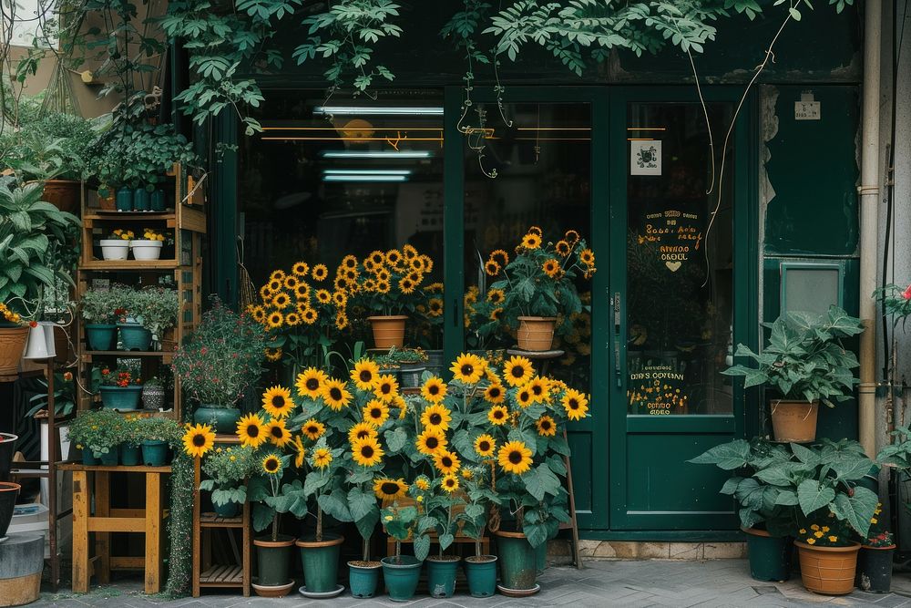 Bunches of sunflower and plants in pots displaying in front of a flower shop outdoors nature architecture.