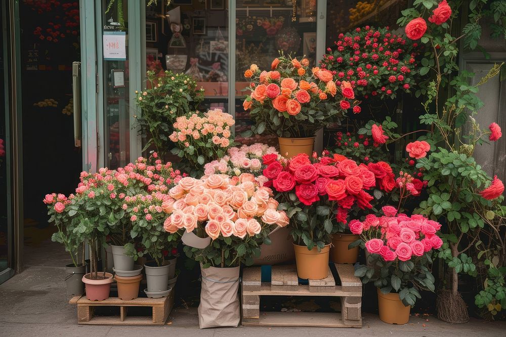 Bunches of roses and plants in pots displaying in front of a flower shop architecture arrangement collection.