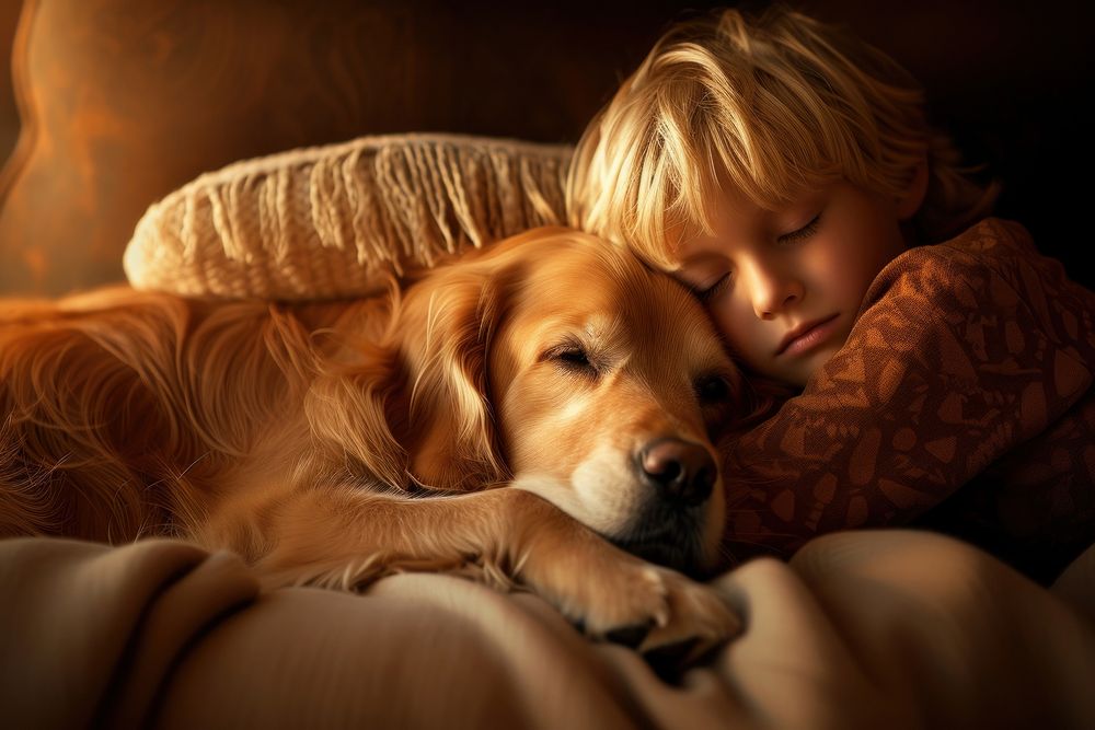 A boy cuddling a dog sleeping mammal animal.