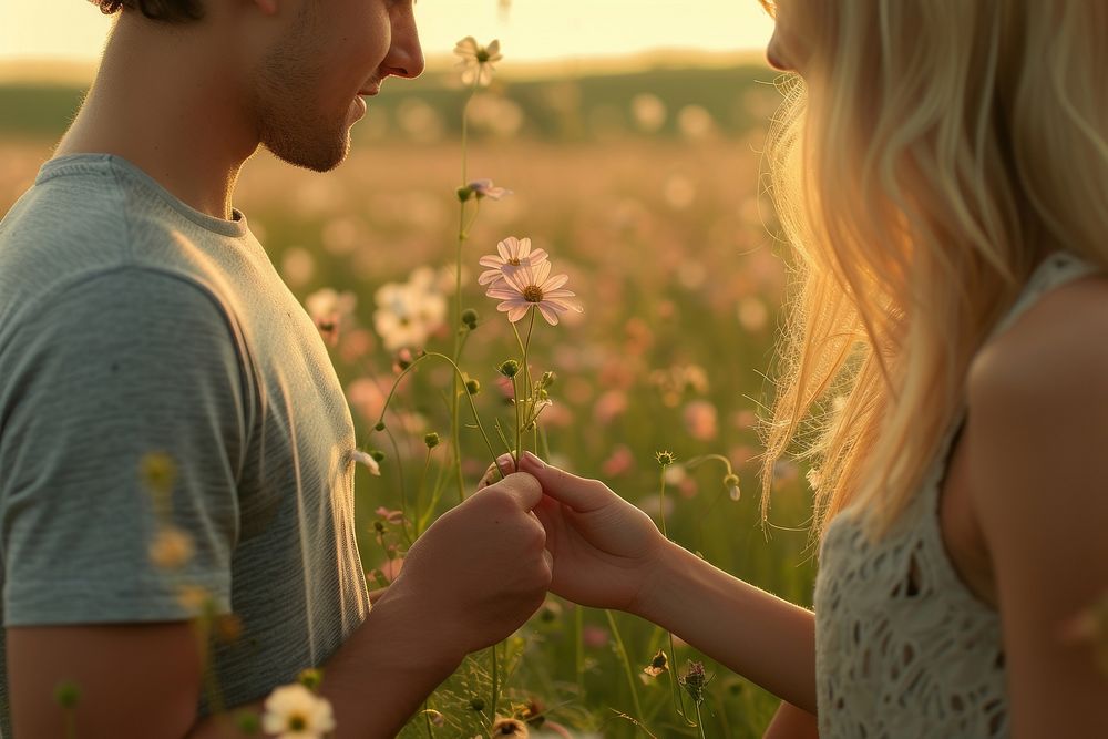 Couple holding flower field outdoors nature.