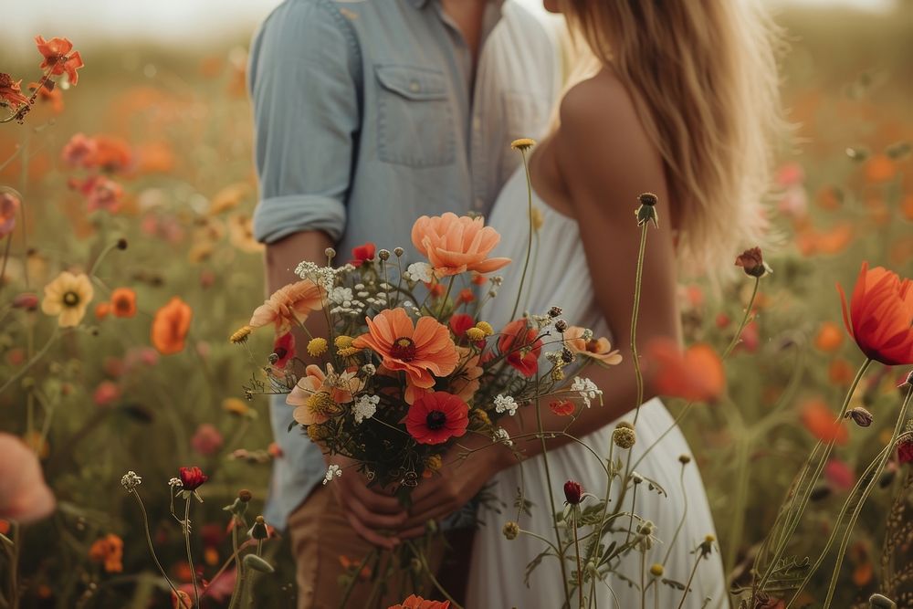 Couple holding flower outdoors plant field.