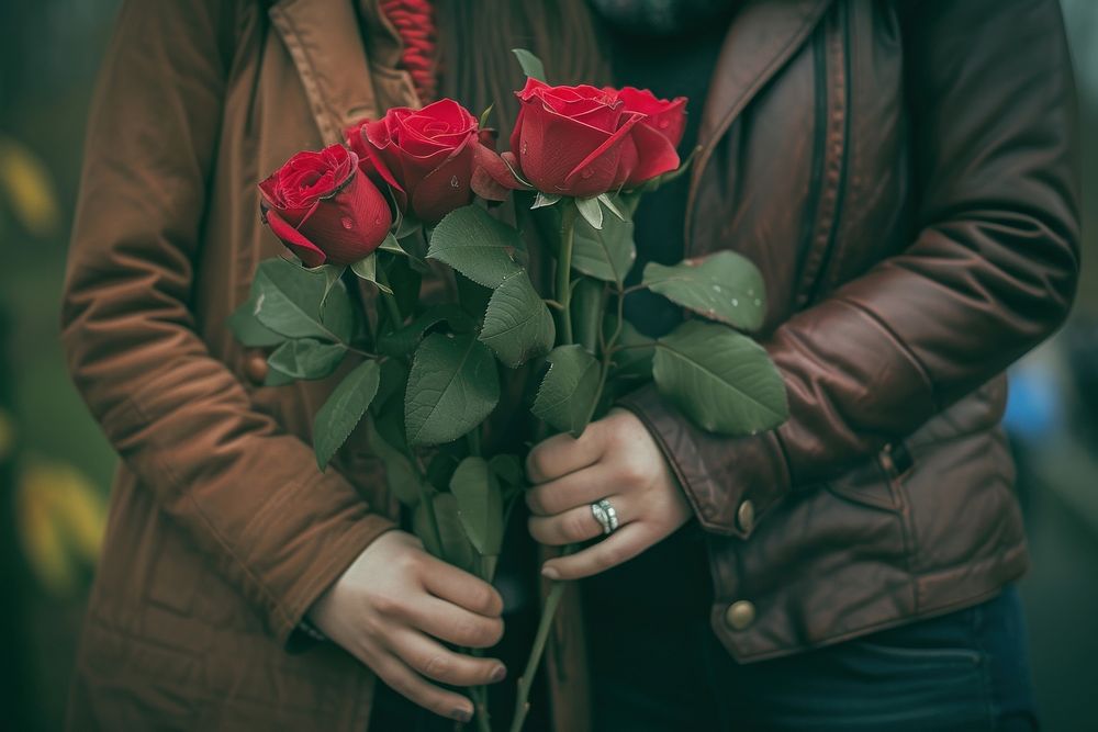Couple holding red roses flower plant inflorescence.