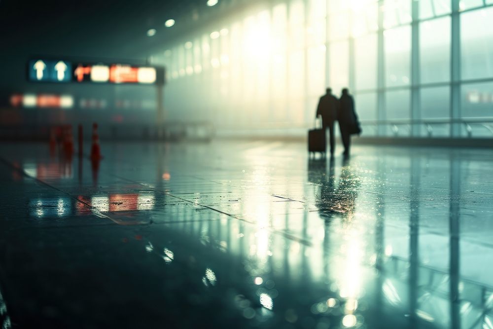 A elderly couple traveling at airport walking infrastructure architecture.