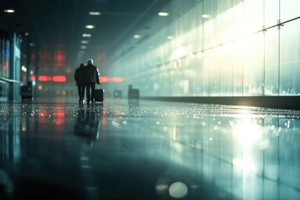 A elderly couple traveling at airport walking infrastructure architecture.