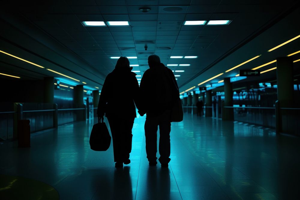 A elderly couple walking at airport adult bag infrastructure.