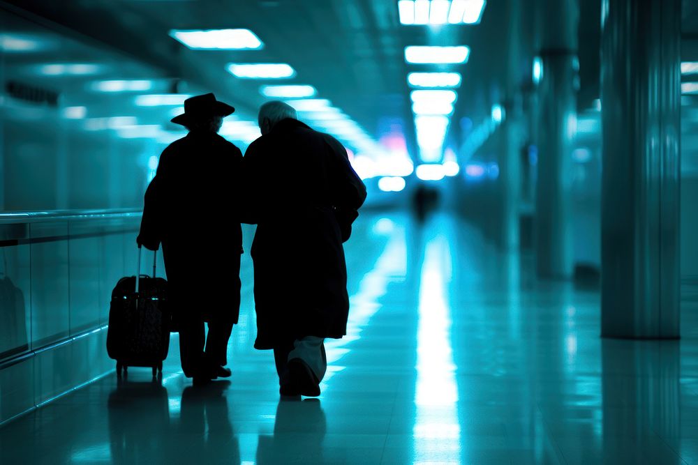 A elderly couple walking at airport adult infrastructure architecture.