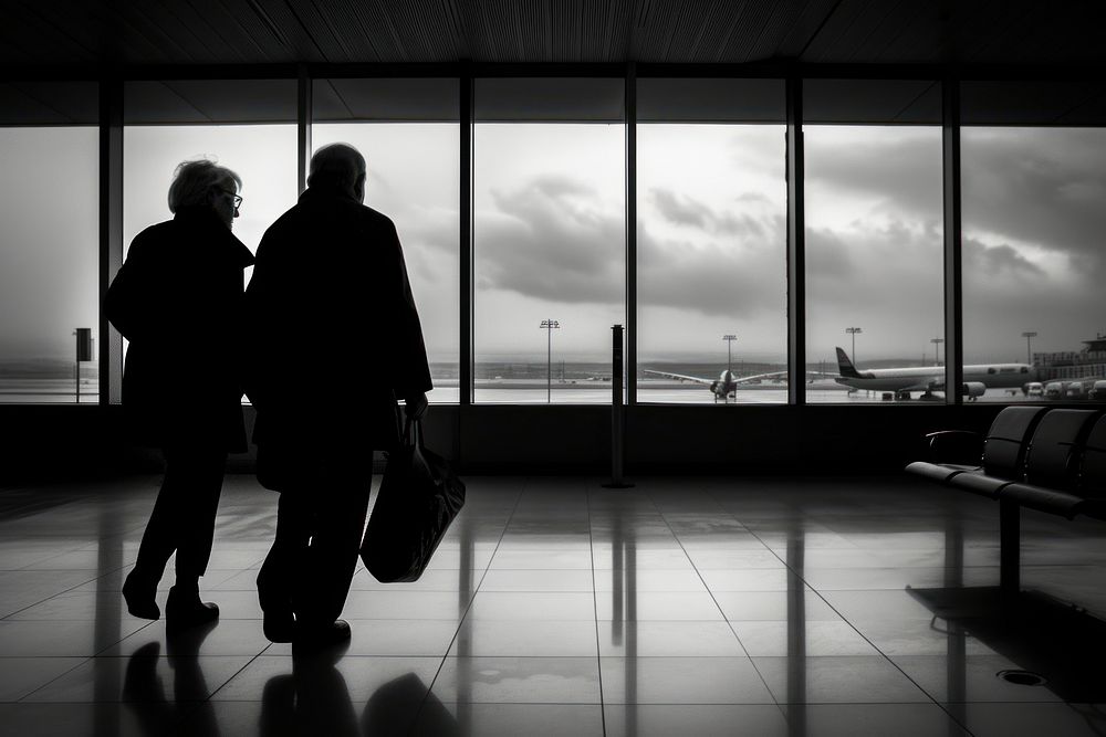 A elderly couple walking at airport silhouette adult infrastructure.