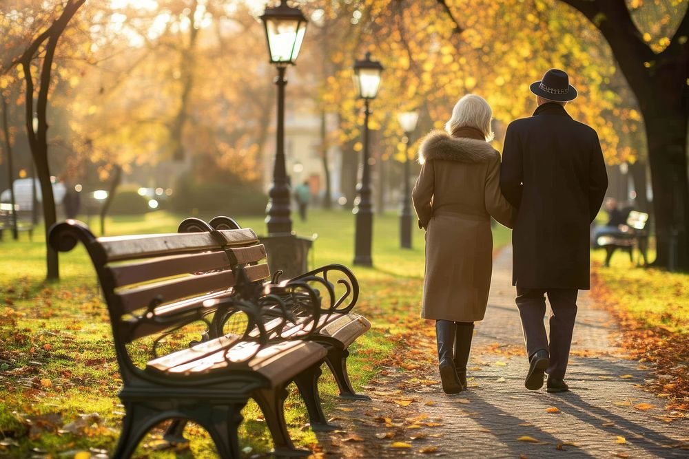 A elderly couple walking in public park autumn bench adult.
