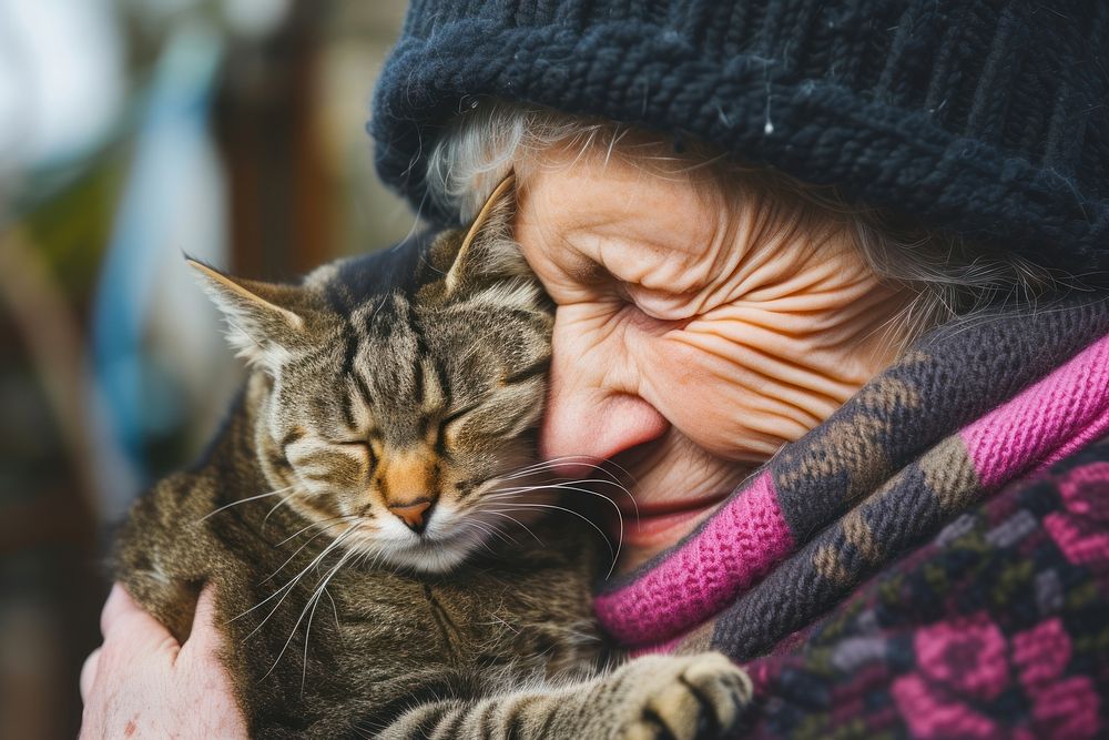 A elderly cuddling a cat photography portrait animal.