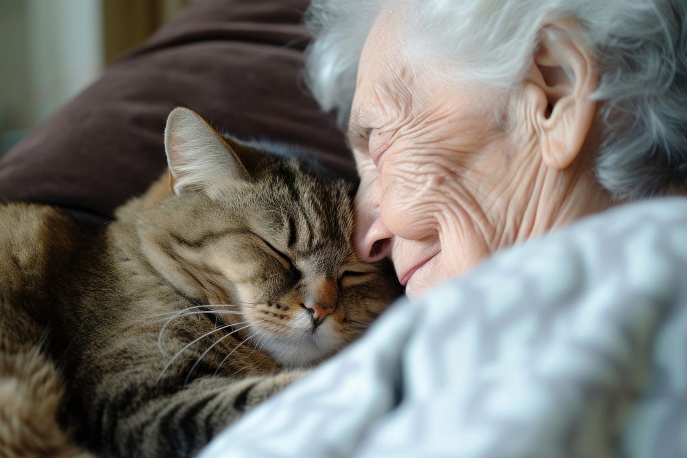 A elderly cuddling a cat photography sleeping portrait.