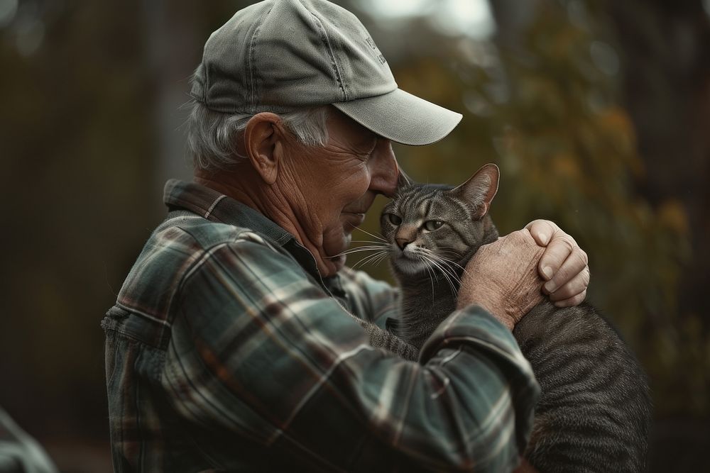 A elderly guy cuddling a cat photography portrait animal.