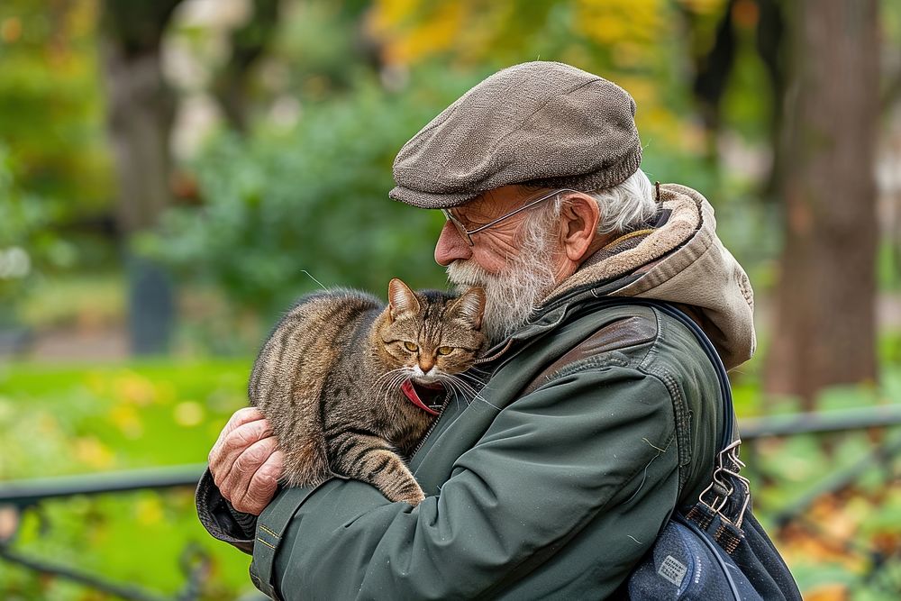 A elderly guy cuddling a cat photography mammal adult.