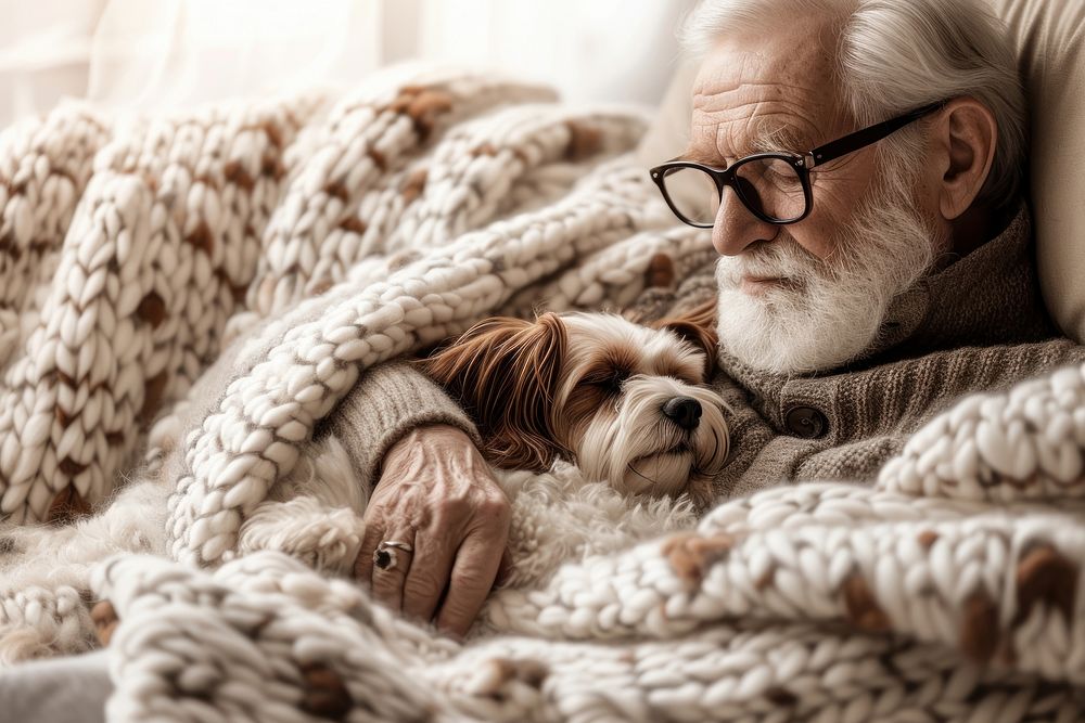 A elderly guy cuddling a dog blanket comfortable retirement.