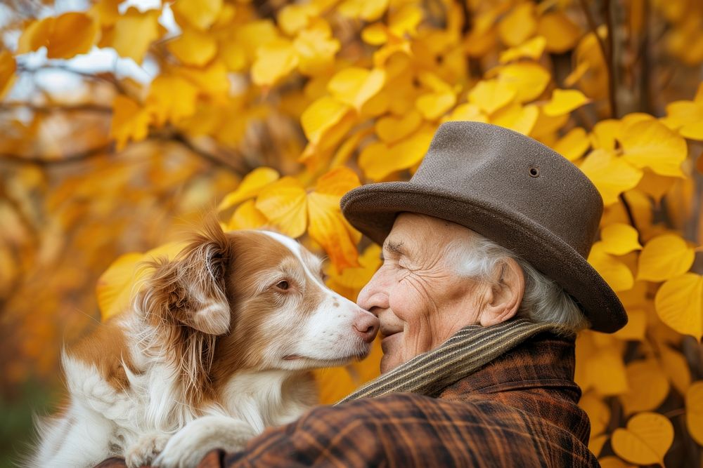 A elderly guy cuddling a dog photography portrait mammal.