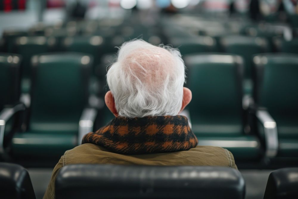 A elderly man traveling at airport adult contemplation furniture.