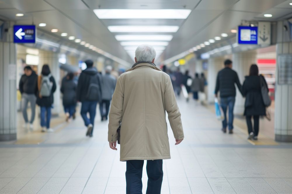 A elderly man traveling at airport walking adult coat.