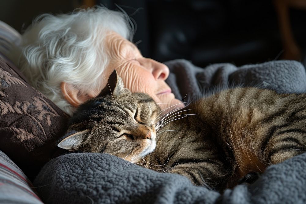 A elderly woman cuddling a cat sleeping animal mammal.