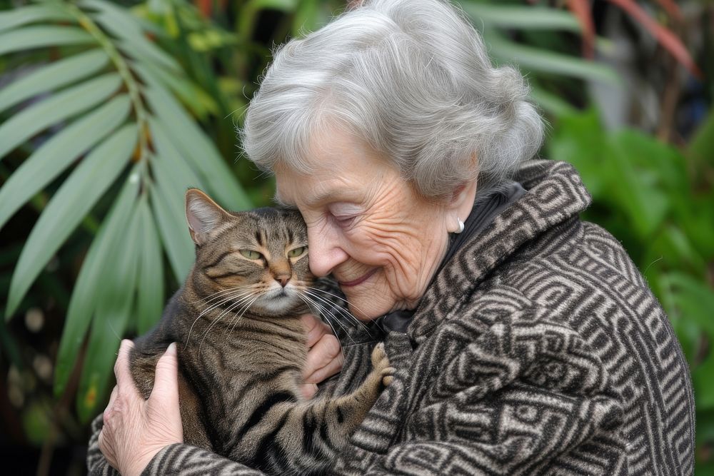 A elderly woman cuddling a cat photography portrait animal.