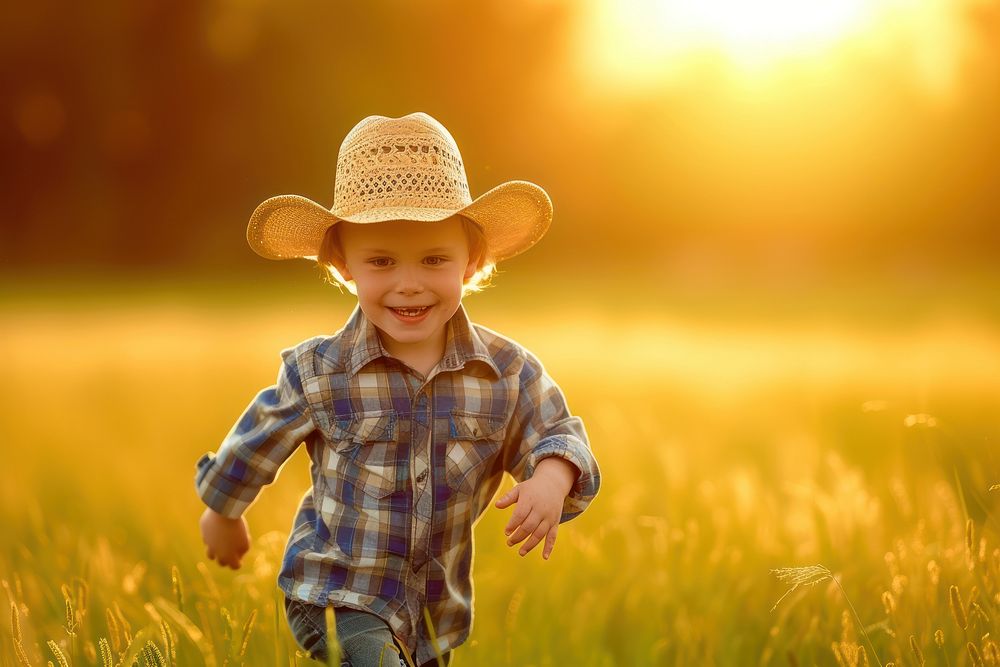 A funny kid with cowboy costume running photography outdoors portrait.