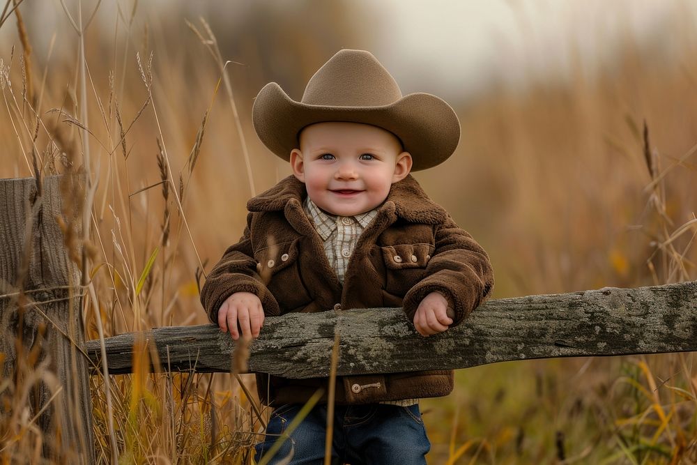 A funny kid with cowboy costume photography portrait outdoors.