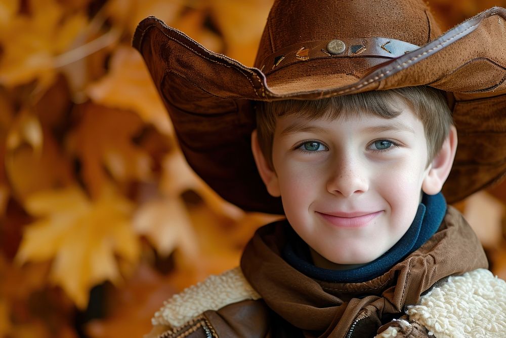 A funny kid with cowboy costume photography portrait smile.