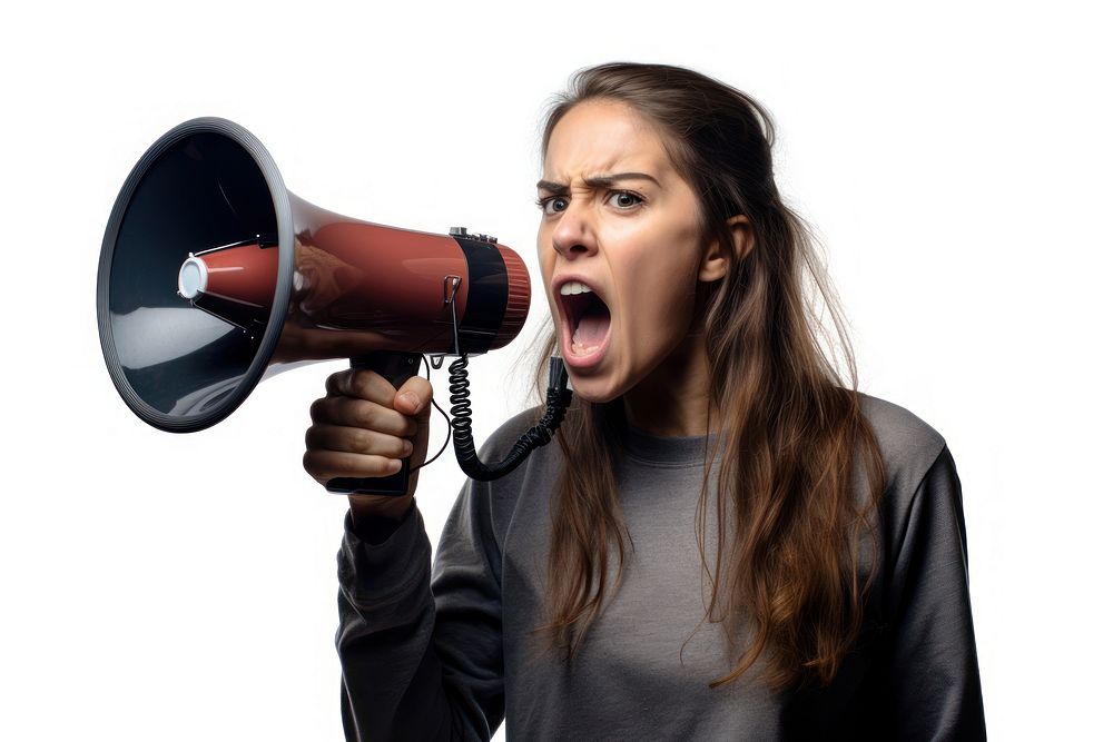 Girl with loudspeaker shouting adult hand.
