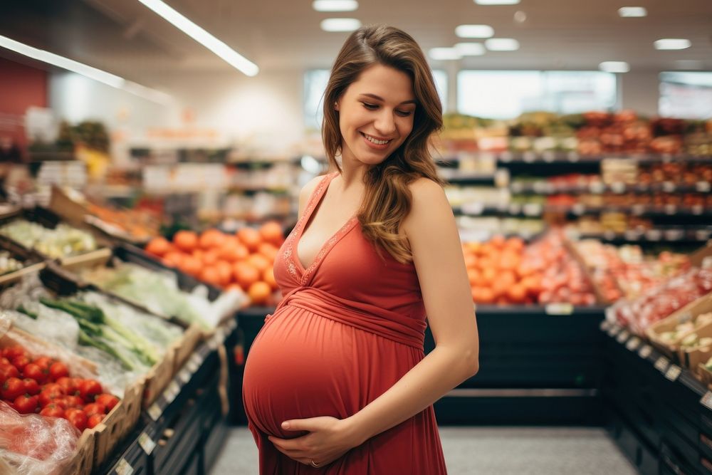 Pregnant woman shopping supermarket adult anticipation.