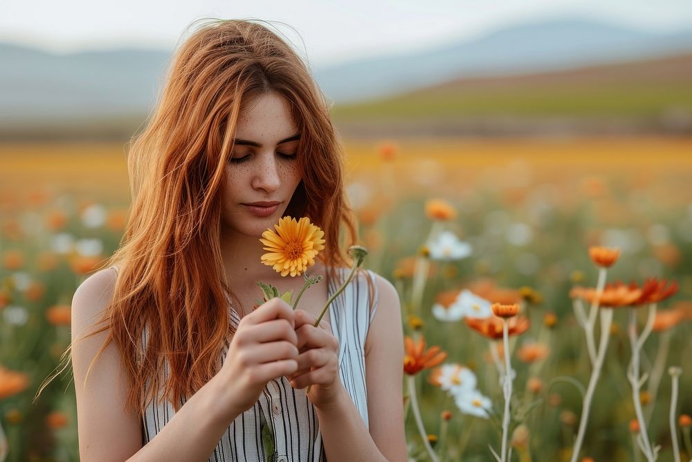 Woman holding flower portrait plant field.