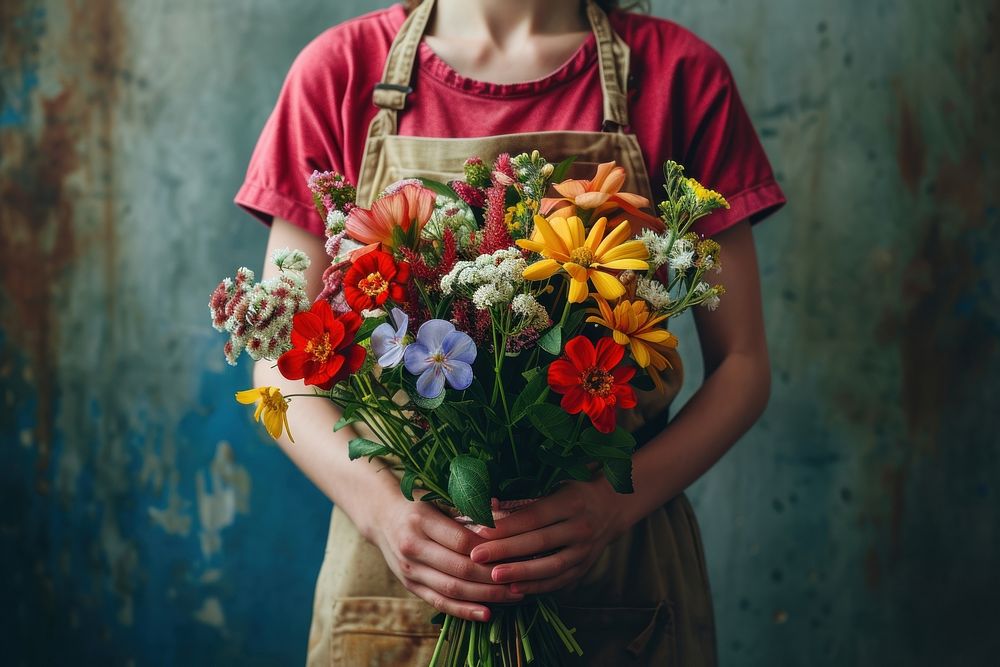 Woman in apron holding a bouquet of flowers plant inflorescence midsection.