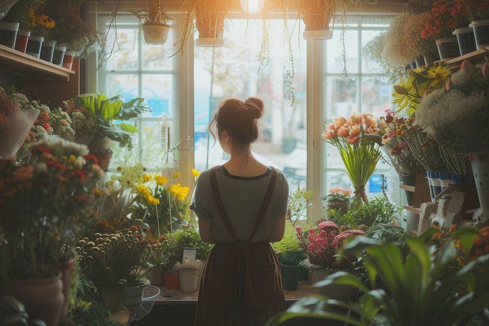 Woman in the flower shop gardening outdoors window.