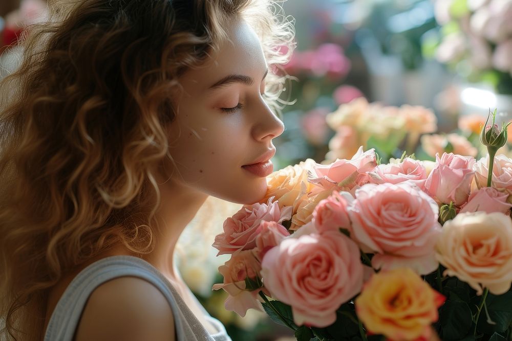 Woman smelling a bouquet of Roses flower rose portrait.