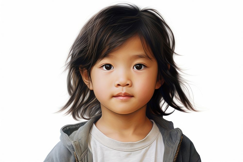 American-Asian child portrait photo white background.