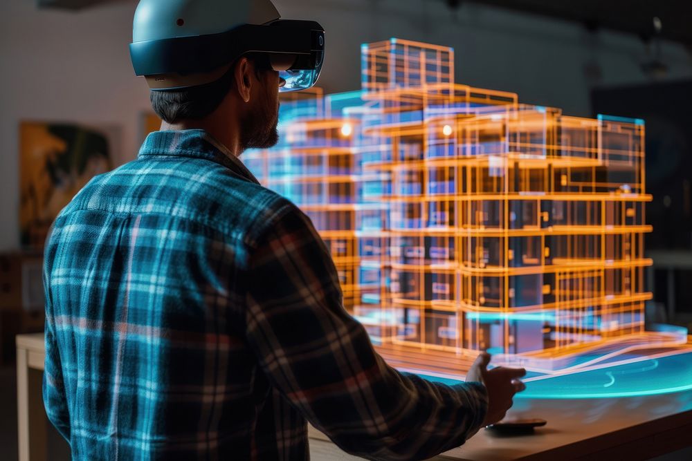 Architect using mixed reality to visualize building helmet adult.