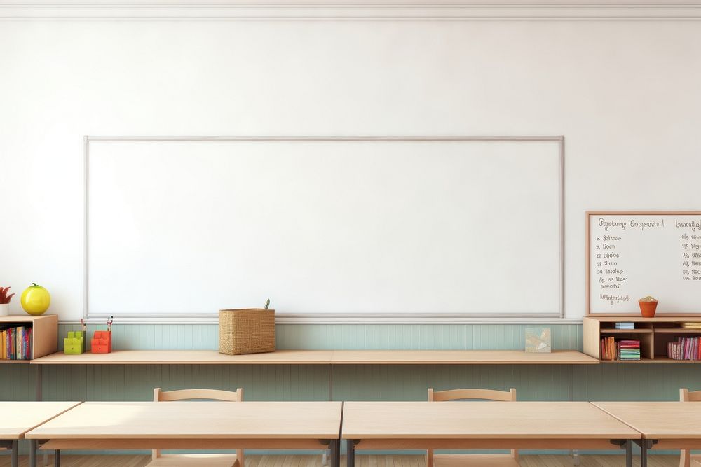 An empty classroom furniture education chair.