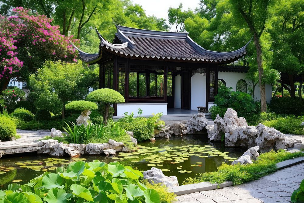 Chinese style garden architecture building outdoors.
