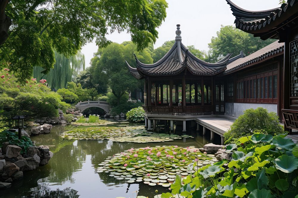 Chinese style garden architecture building outdoors.