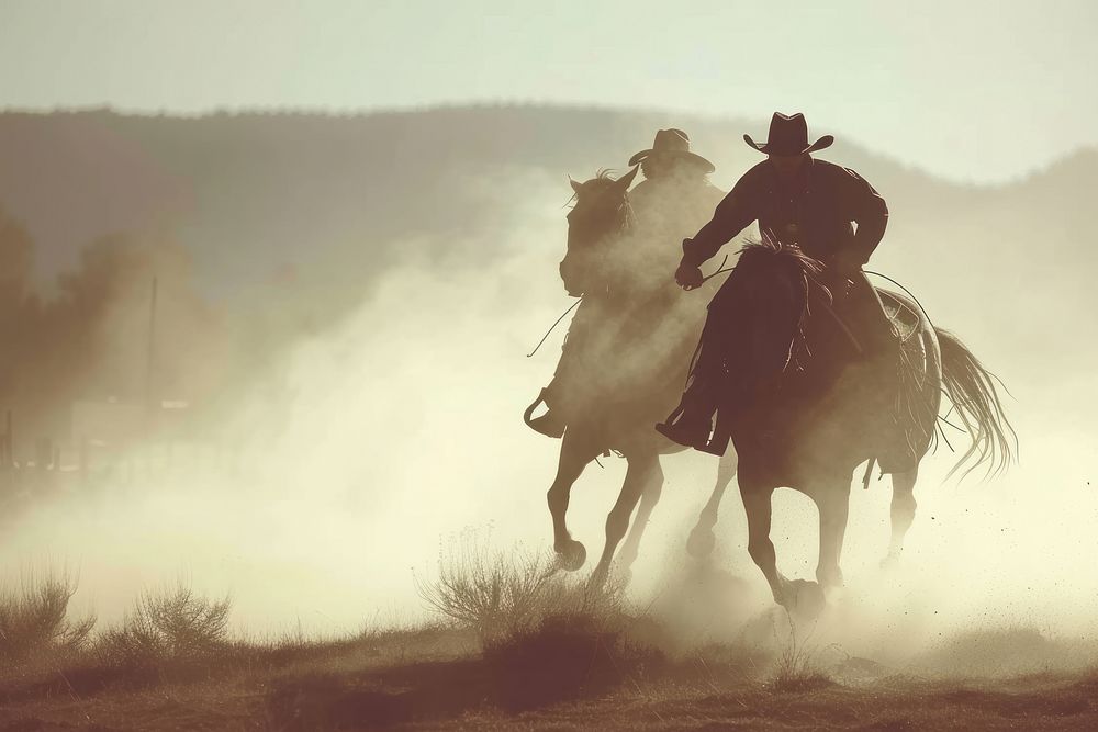 Cowboy duel scene cinematic style mammal animal horse.