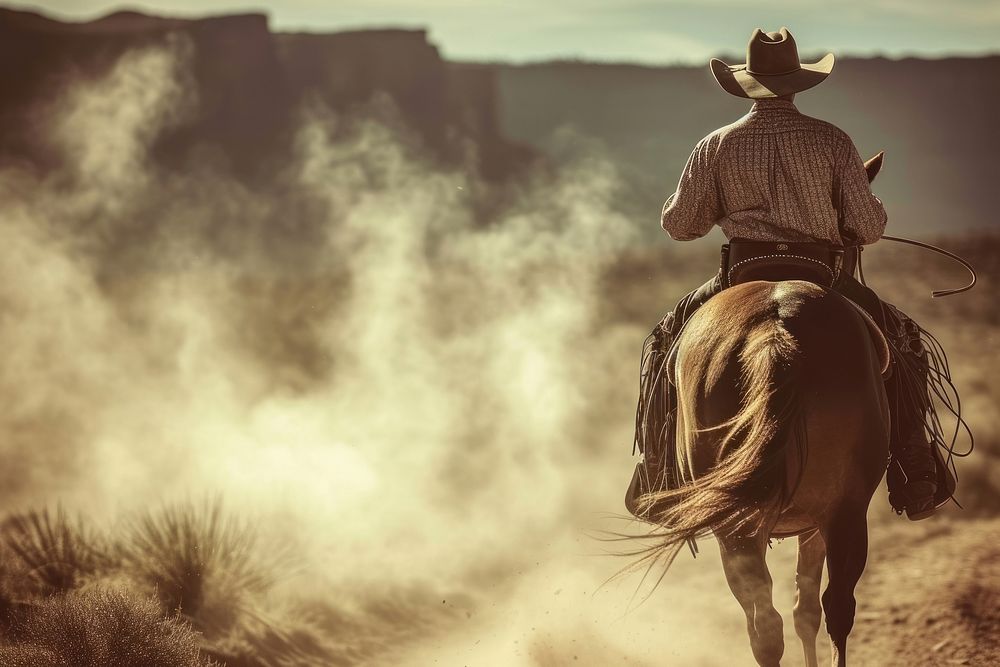 Cowboy ride a horse cinematic style mammal animal adult.
