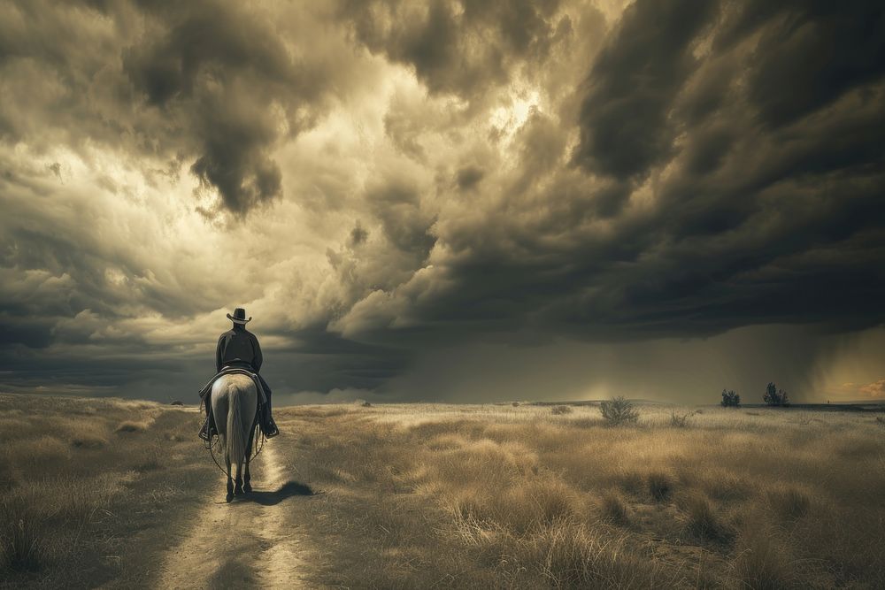 Cowboy with horse outdoors nature thunderstorm.