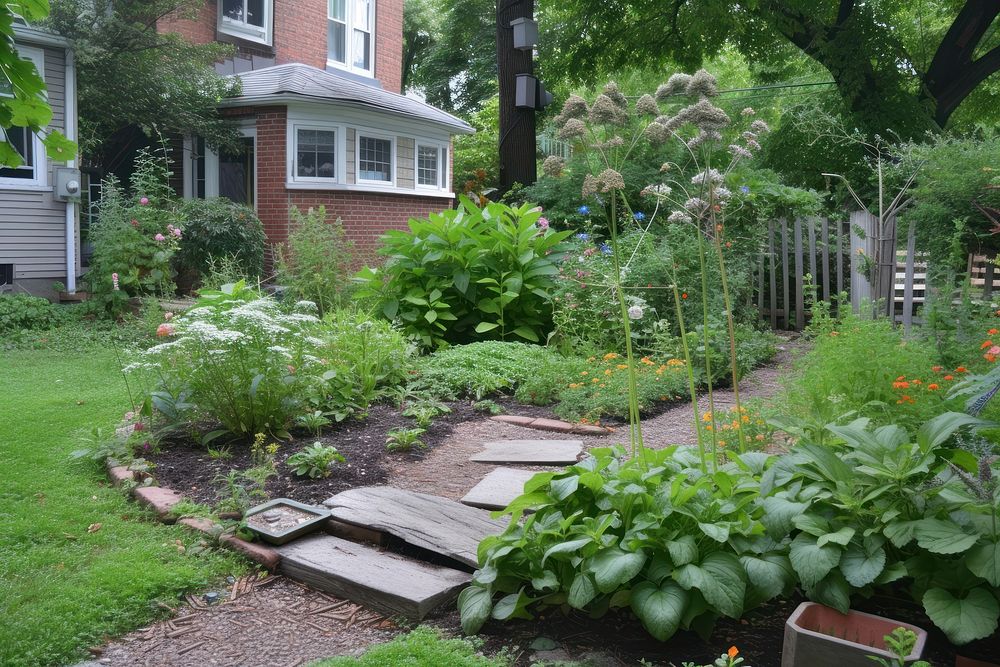 Edible garden outdoors backyard walkway.