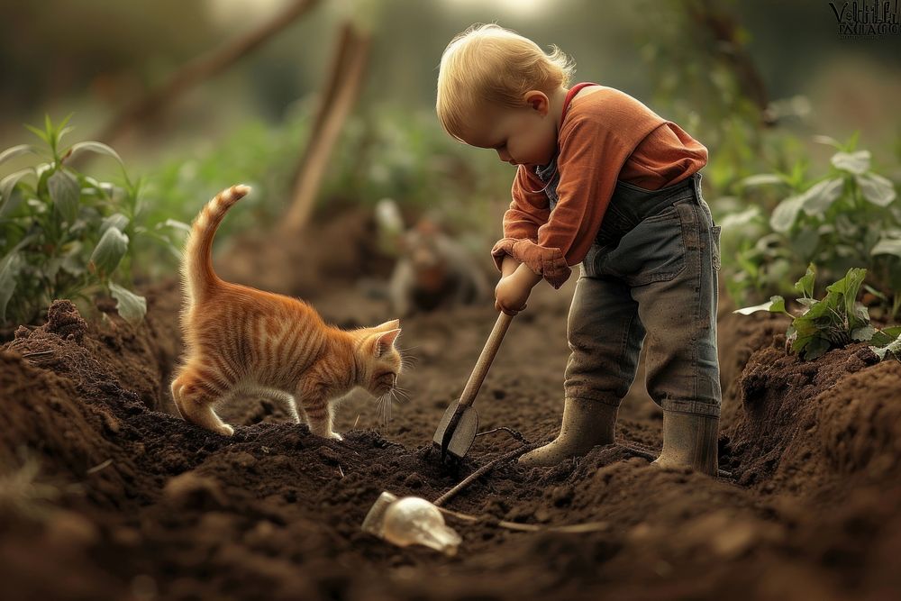 Family kid with catgardening photography outdoors nature.