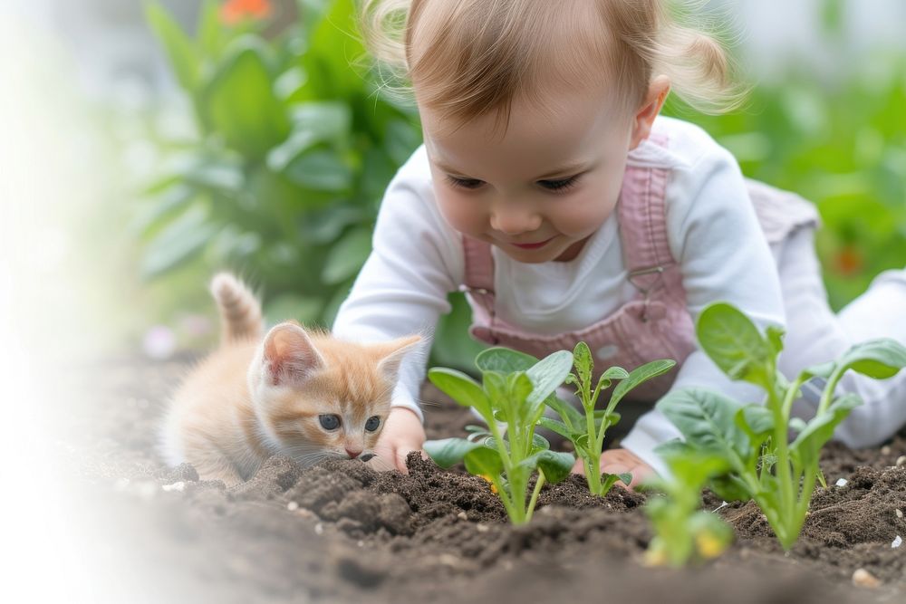 Family kid with kitten gardening outdoors nature animal.