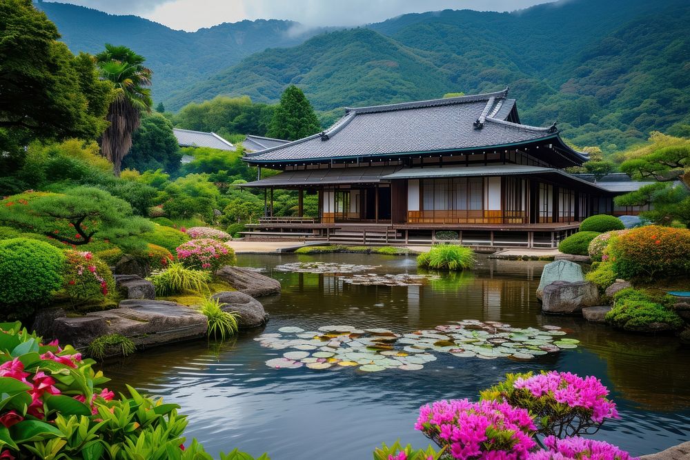 Festive japanese style garden architecture building outdoors.