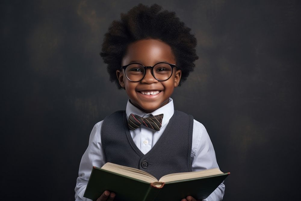 School little boy with glasses hug a book portrait smiling reading.