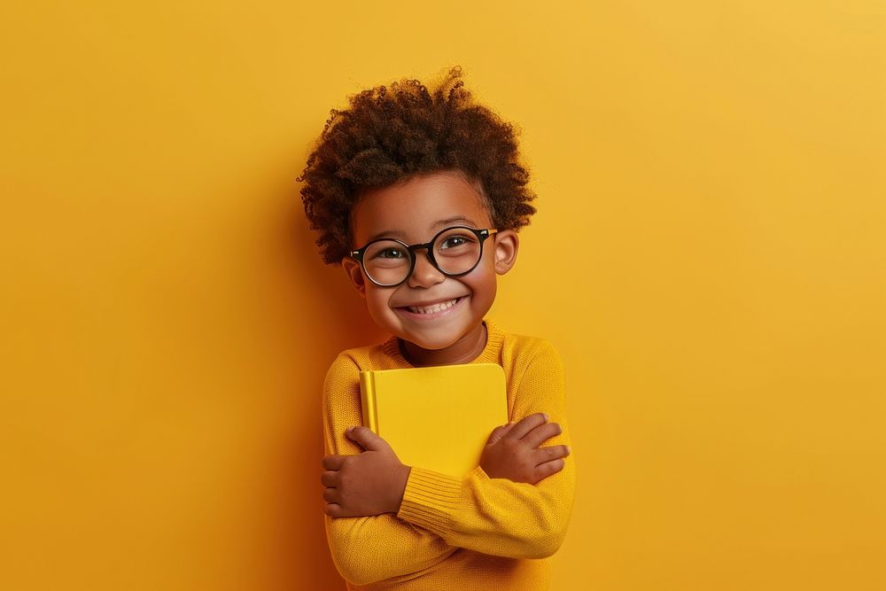 School little boy with glasses hug a book smiling smile child.