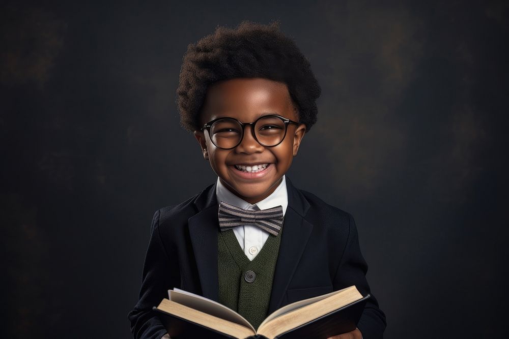 School little boy with glasses hug a book publication portrait smiling.