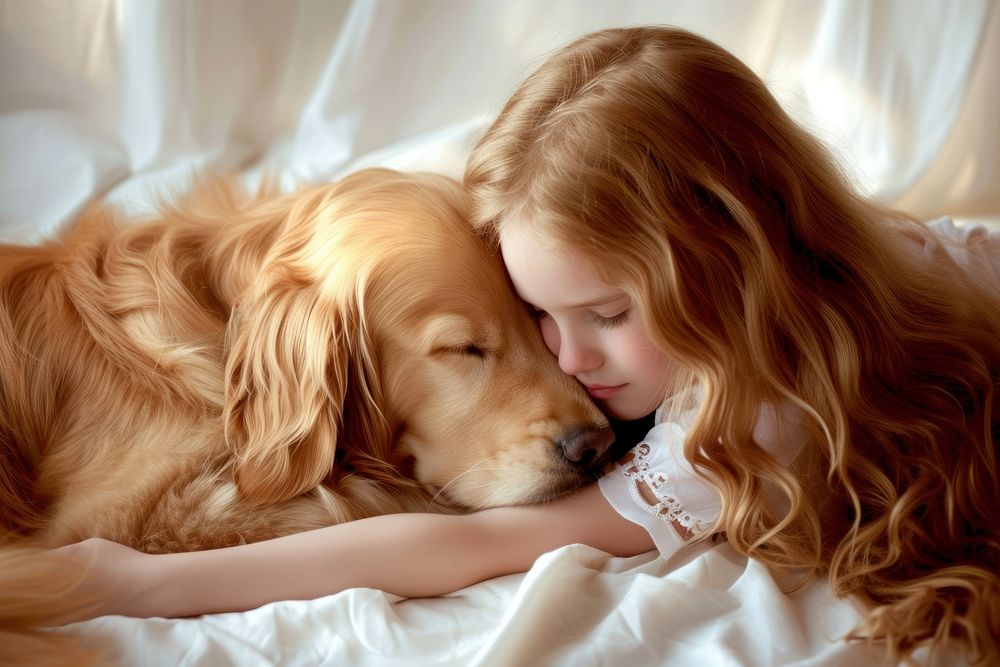 Girl cuddling a dog sleeping mammal animal.