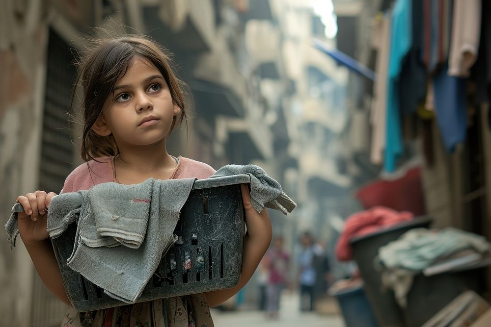 Girl holding laundry basket photography child homelessness.