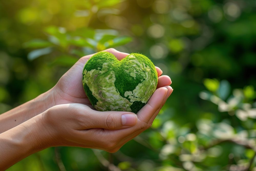 Hand holding green planet Earth in shape of heart food confectionery agriculture.